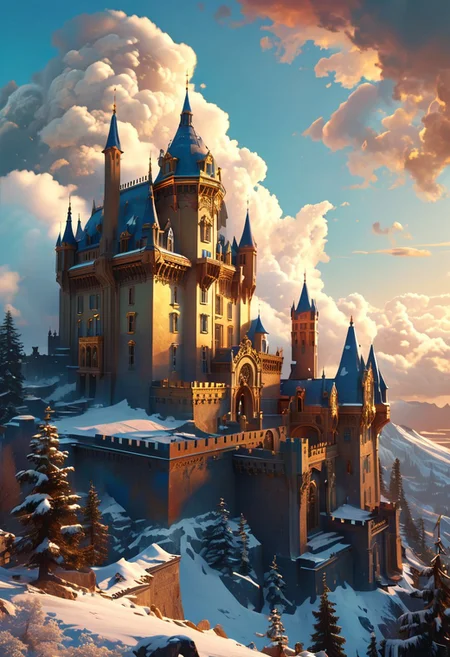 bright colorful, ultra fine detail, swirling clouds, Artstation trending, art nouveau, raytracing, highly detailed and intricate, golden ratio, dark gradient ink with intricate designs, hypermaximalist, luxury, elite, English castle, majestic, defended, snow, ephemeral, opalescenct, labradorite, cinematic, cgsociety : sunbleached, high definiton. mountain, blue skies,