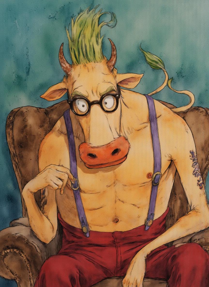 heffersmodellife, A anime-style anthropomorphic cow with tan-yellow skin, wearing black-rimmed glasses and purple suspenders and red pants. sitting in a brown armchair The cow has a sad, droopy expression, with large, expressive eyes and a long, red snout. The character has green hair ,teal-colored indoor wall background with subtle texture. 90s animation aesthetic, exaggerated facial features, bold lines<lora:heffersmodellife:0.8> <lora:Dark_Ghibli:1> Studio Ghibli Dark Fairytale