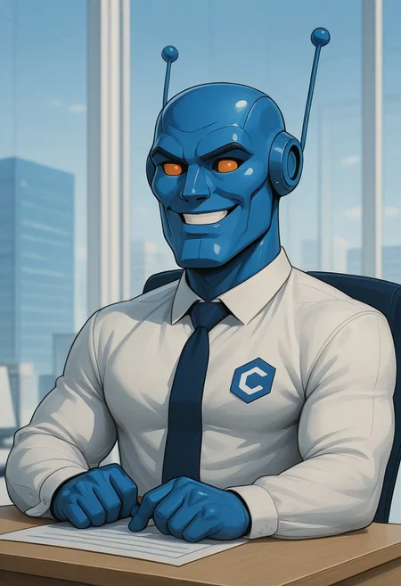masterpiece, high detail, CivBot, gigachad, sigma male, robot, blue, sitting at a CEO desk, corporate office, airy, bright, smiling confidently