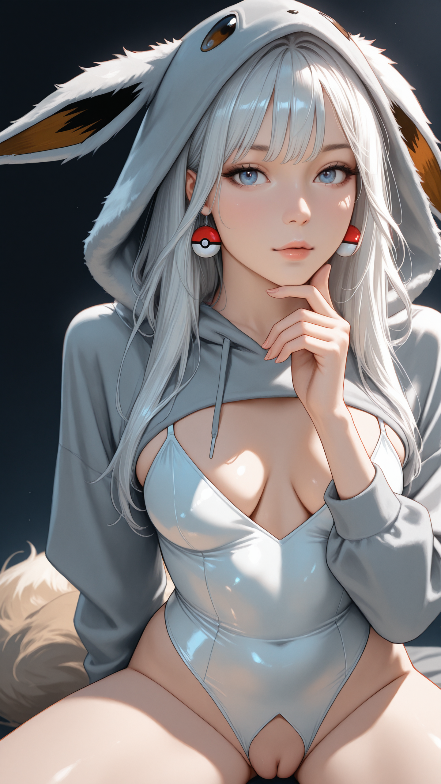 masterpiece, best quality, high resolution, very aesthetic, absurdres, newest, professional, high-quality, hyper-realistic, portrait of a woman, detailed eyes, realistic body, 
1gitl, milf, blue eyes, looking at viewer, eyelashes, white hair, very long bangs, disgraceful hair, hair fall into face, wild hair, step cut, saggy breasts, medium small breasts, pokeball earrings, 
wearing a Fluffeevkinij, gray hoodie, gray Eevee hood, gray ears, white leotard, pussy cutout, <lora:Fluffeevkinij:0.8>, 
sitting, legs to the side, hand on chin,
simple background, dark background, pastel blue details, vibrant colors, 
eye view, moody, dynamic motion, blush