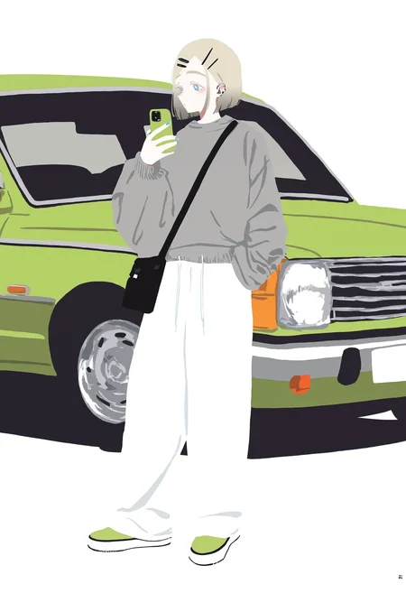 masterpiece, highres, absurdres, newest, very awa, flat color, 1girl, solo, full body, blue eyes, blonde hair, short hair, hair clip, oversized grey sweater, long sleeves, white sweatpants, facing to the side, holding phone, hand in pocket, black satchel, car, motor vehicle, paneled background, white background, green background, <lora:spo_sdxl_10ep_4k-data_lora_webui>, <lora:TA_trained:0.35>, <lora:NOOB_EPSv1_1_detailer_by_vlnvk_v0_5>, <lora:georgie-san:0.8>