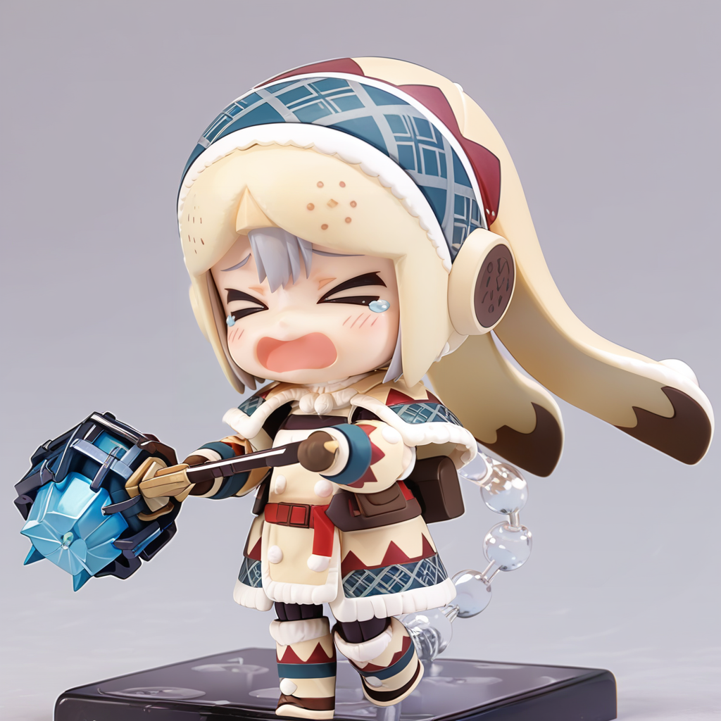 (score_9:0.9),score_8_up,score_7_up,rating_safe,anime style,(zPDXL),<lora:lagombi armor ponyXL v1:0.8>,  lagombi armor, white hat, white gloves, white knee boots, 1girl, solo, >_<, chibi, open mouth, tears, closed eyes, blonde hair, weapon, holding, long hair, blush, grey background, 3d, pvc figure, huge hammer, holding huge hammer