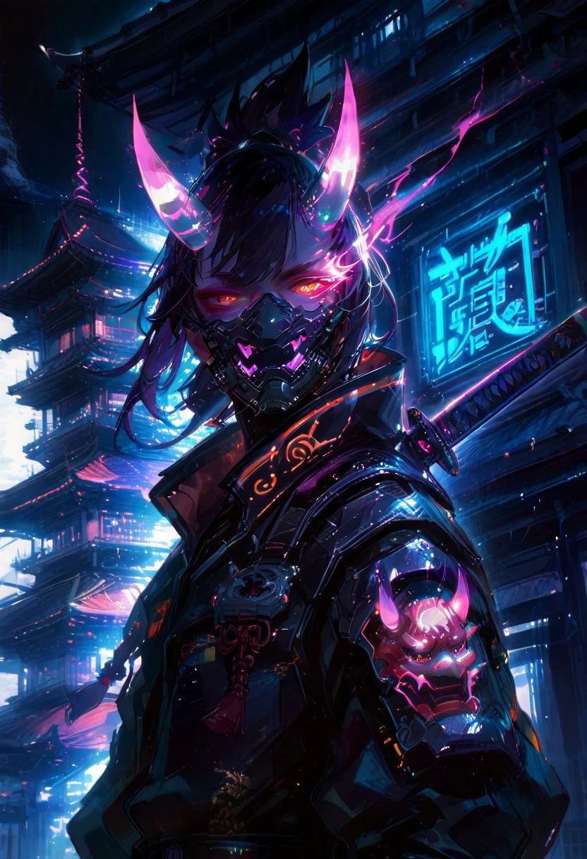 masterpiece, best quality, volumetric lighting, neon colors, dark background, 1man, closeup, a samurai with an oni mask, cyber tron neon samurai armor, flaming eye, standing in front of a cyberpunk pagoda temple, staring at viewer, (low camera angle:1.27) cyber horns, ninja pose, katana, cyber katana, thermal katana