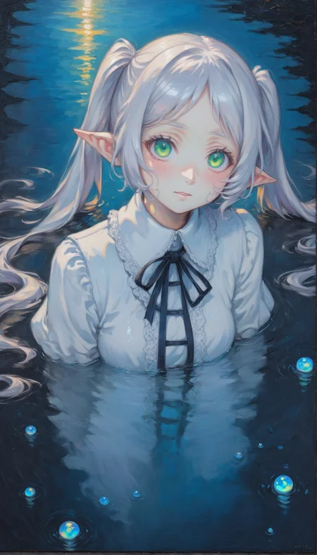 1girl, castlevania_ayami_kojima_xl, castlevania, Frieren, owoface, ;p, silver hair, green eyes, long hair, twintails, big eyes, pointy ears,
[pearl:opal:0.5], oil painting \(medium\), oil painting, impasto, chiaroscuro, scumbling, alla prima, underpainting,
very aesthetic, masterpiece, best quality, hyper detailed, ultra detailed, UHD, perfect anatomy, dazzling, transparent, detailed Illustration, official artwork, wallpaper, official art, extremely detailed eyes and face, beautiful detailed eyes, blue eyes,
emerging from lake, partially submerged, water, wet clothes,
[<lora:castlevania_ayami_kojima_xl:1>:<lora:frieren_xl_2:0.5>:0.8]
<lora:aesthetic_anime_v1s:1>
<lora:IOS_Iridescent_opal_style:0.4>