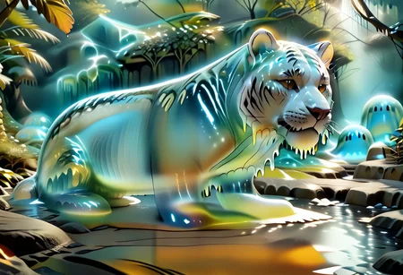 animal_guardian, tiger, a white tiger with black stripes, Tiger made out of slime, slime tiger in a jungle, jungle made out of slime,
natural light, no bright spots,
((translucent slime)), ((transparent slime)), made of water, (bioluminescent slime), sl1m3, slime, slime-morph, ais-blmn, saturated colors, no creatures, no humans, no monsters, no pokemon, scenery only, scenery, ral-lava, watce