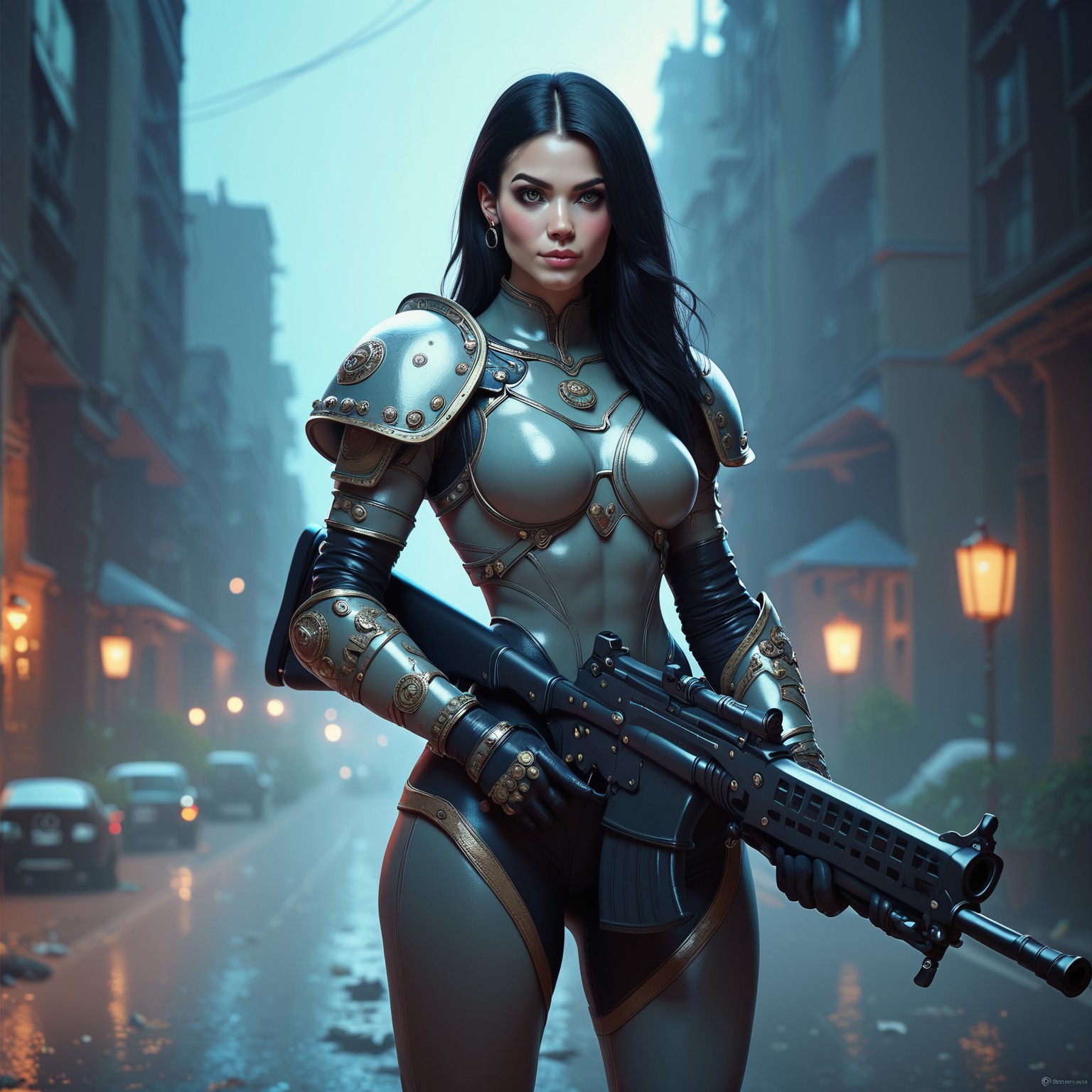 score_9, score_8_up, score_7_up, black hair flxch1ck wearing heavy armor and holding a rifle, standing on the street of a post-apocalyptic city, looking at viewer, close-up