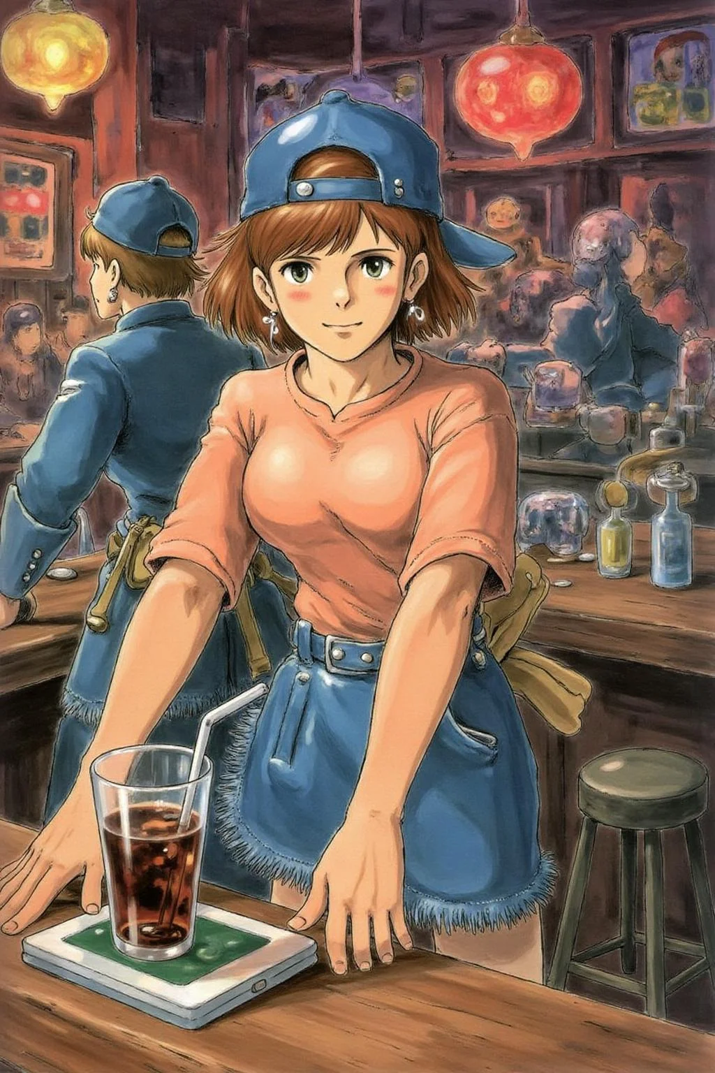 miyaha1 manga illustration.
The air buzzes with the energy of a busy bar, a mix of music, conversation, and the clinking of glasses. A barmaid, the embodiment of youthful vibrancy, navigates the lively scene. She wears a peach-coloured T-shirt, the soft fabric contrasting with the smooth, cold glass of coke she carries on a small tablet. Her short skirt adds a playful touch, and a backwards baseball cap hints at a carefree attitude. The setting and atmosphere are palpable: the warm, slightly sticky surface of the bar counter under her fingertips, the dim, colourful lighting that casts playful shadows. Sensory details are abundant: the condensation forming on the glass of coke, the texture of her denim skirt, and the way the bar lights catch the highlights in her hair. Her confident stride, her quick smile, and her efficient movements. Stylistically, the image draws inspiration from the vibrant, candid shots of nightlife photographers, with a touch of the stylized realism found in contemporary illustration. There's a deliberate contrast between the barmaid's youthful energy and the slightly worn, lived-in atmosphere of the bar, creating a dynamic and engaging image. <lora:miyaha1_cap_d6a3e12:0.9><lora:818067553638349333:0>