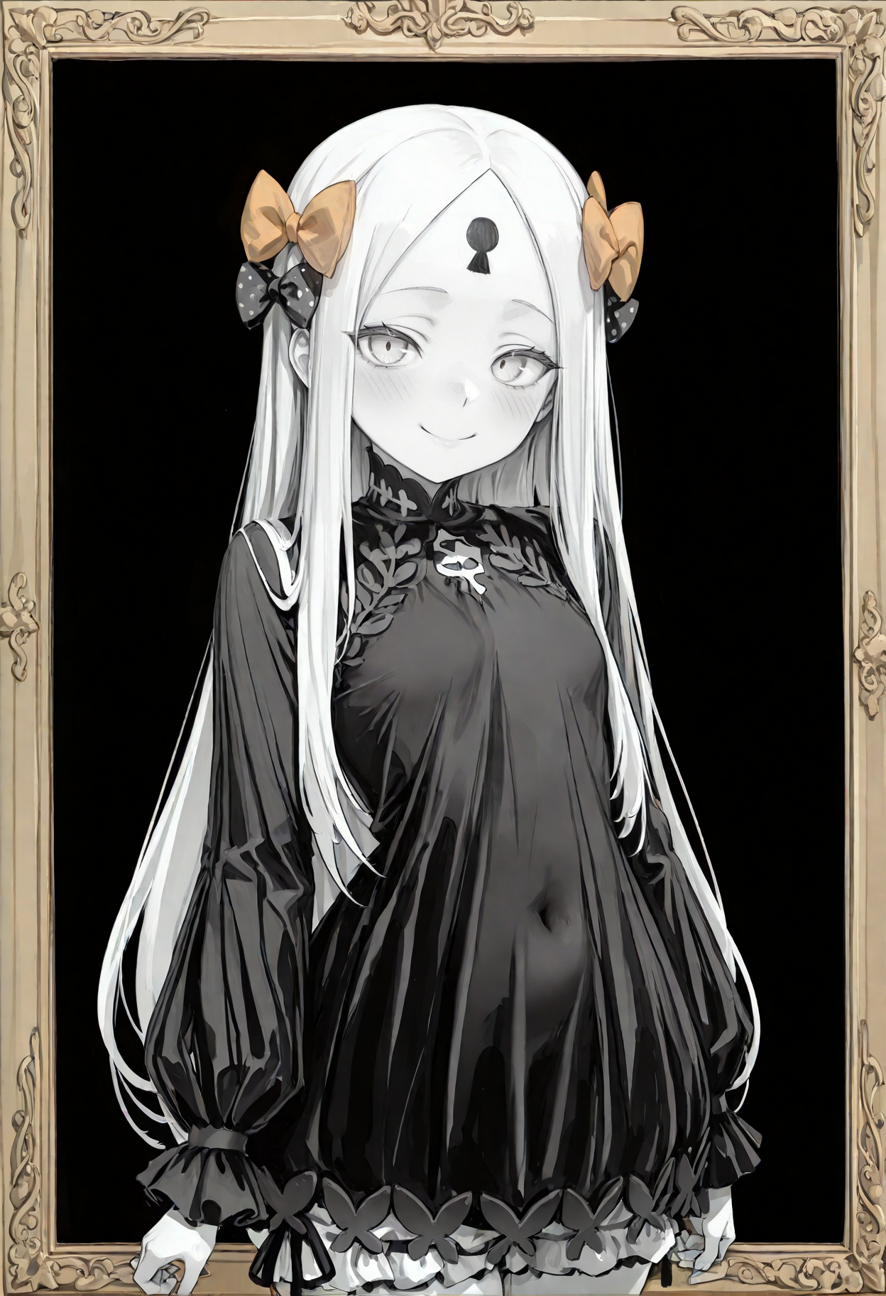 masterpiece, best quality, amazing quality, very aesthetic, absurdres, highres, newest, (line art, monochrome, framed, sketch drawing:1.3),  smewed, front view, cowboy shot, 1girl, adult, tall, blonde hair, long hair, perfect detailed blue eyes, perfect detailed eyelashes, perfect shiny skin, forehead, sidelocks, (keyhole on forehead, forehead mark), parted bangs, hair bow, polka dot bow, orange bow, black dress, long sleeves, bloomers, gentle smile, happy, looking at viewer, black background, <lora:smewedILLUS:0.6>, <lora:cfg_scale_boost:1> ,  <lora:Abby_Illus:1>