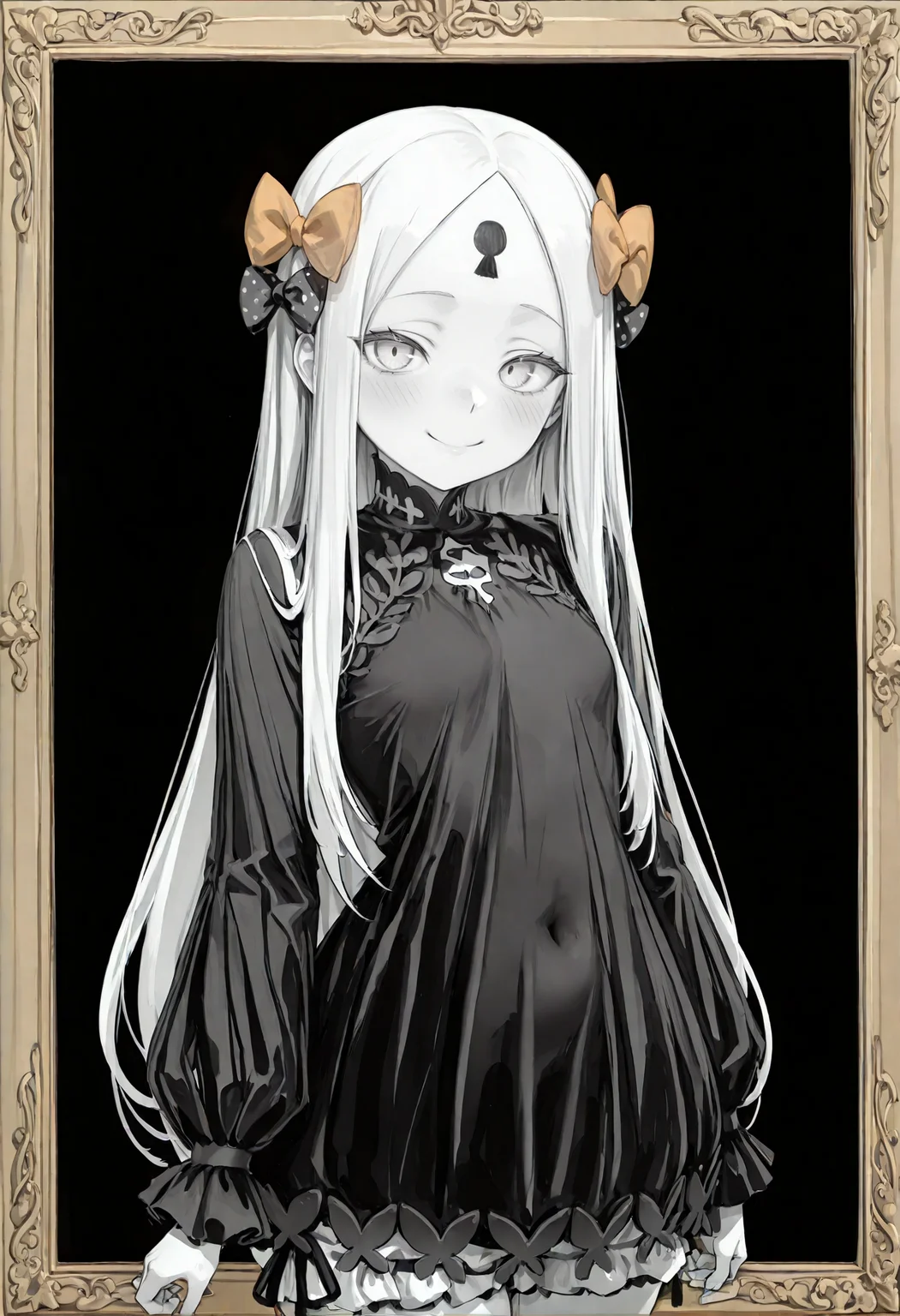 masterpiece, best quality, amazing quality, very aesthetic, absurdres, highres, newest, (line art, monochrome, framed, sketch drawing:1.3), smewed, front view, cowboy shot, 1girl, adult, tall, blonde hair, long hair, perfect detailed blue eyes, perfect detailed eyelashes, perfect shiny skin, forehead, sidelocks, (keyhole on forehead, forehead mark), parted bangs, hair bow, polka dot bow, orange bow, black dress, long sleeves, bloomers, gentle smile, happy, looking at viewer, black background, <lora:smewedILLUS:0.6>, <lora:cfg_scale_boost:1> , <lora:Abby_Illus:1>