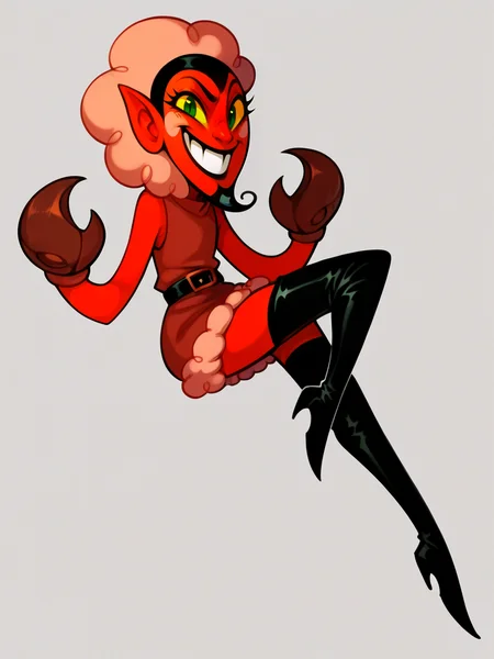 score_9, score_8_up, score_7_up, score_6_up, score_5_up, <lora:H1MXLP:0.9> h1m, solo, red skin, yellow sclera, green eyes, belt, grin, thighhighs boots