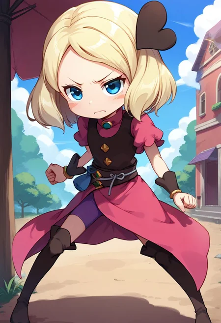 score_9, score_8_up, score_7_up, best quality, uncensored, source_anime, BREAK
1girl, sw-mayone, blond hair, short hair, heart hair ornament, blure eyes, blush stickers, pink dress, brown vest, sw-mayone outfit, purple bike shorts, brown thigh boots,
downblouse, fighting stance, stupid, outdoors, 
<lora:sdxl_lightning_8step_lora:1> <lora:sw-mayone_XL(pony):1>