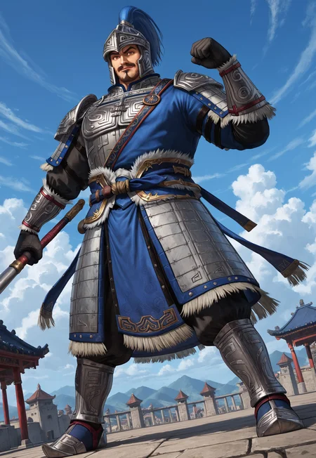 score_9, score_8_up, PangDeDW, brown eyes, beard, mustache, mature male, muscular, helmet, blue plume, pauldrons, breastplate, vambraces, black gloves, waistcloth, faulds, greaves, looking at viewer, smile, dynamic pose, detailed background, ((dutch angle)), ancient china, blue sky, clouds, full body, holding a big mace, fighting stance, below view,