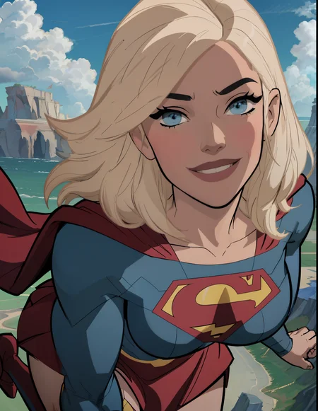 perfect quality,detailed, (medium breasts:1.3),blonde,blue eyes,perfect face,looking at viewer,detailed face,perfect face,smile,cape,detailed eyes,detailed face,looking at viewer, <lora:Supergirl_Tomorrowverse_V2-10:1.3>,skirt,thigh boots,red skirt,,classic superman logo,thighighs,blue top,golden belt,(flying,in sky,clouds:1.2),sexy pose,perfect hands,perfect fingers