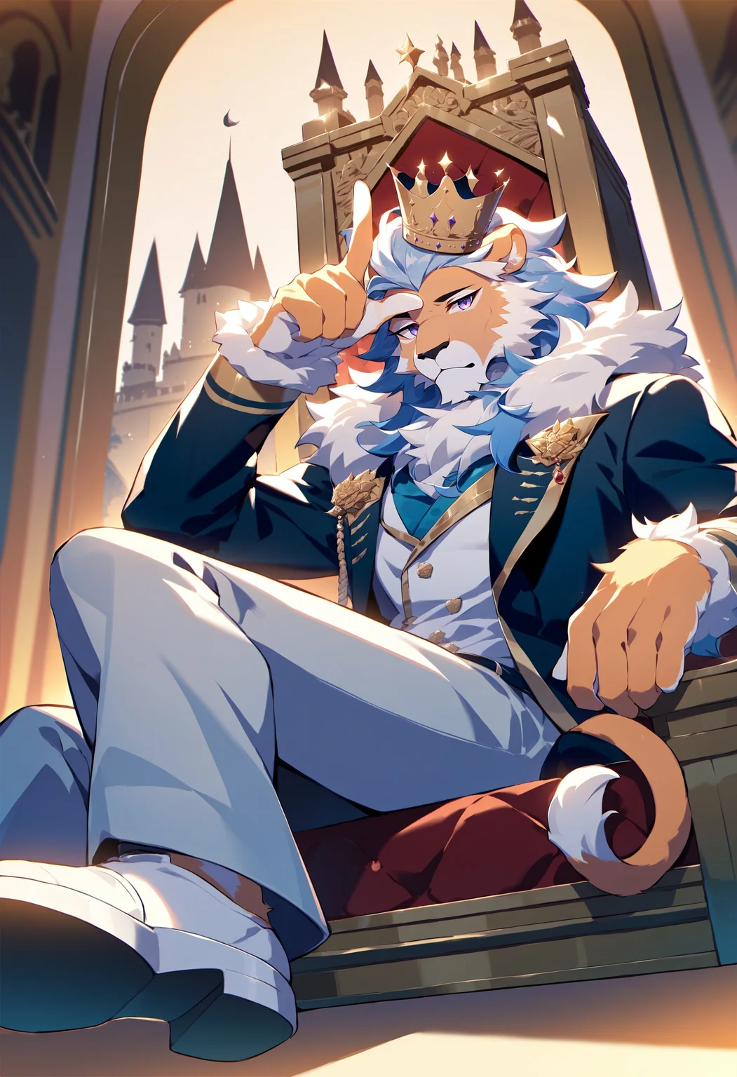 loser gesture, hand on forehead, , index finger raised, score_9, score_8_up, score_7_up, best quality, amazing quality, best aesthetic, amazing aesthetic, 2023, low-angle view, solo, furry male, lion, long hair, mane, blue hair, orange body, purple eyes, <lora:LoserGesturePonyXL:1>, sitting, throne, suit, crown, king, castle