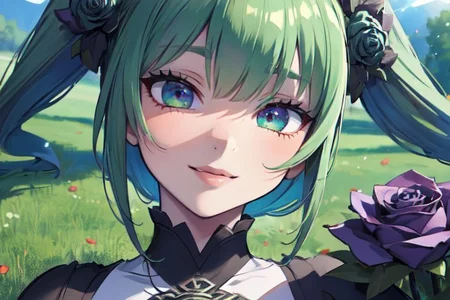(masterpiece:1.4), 4K8K, (anime style), (high shutterspeed:1.4), (sharp edges), 
SyFyEye1, FanFo, 
1woman  hands togather,  leaning foward, face focus, smile, closed mouth, 
wearing Celtic style dress, (Detailed face, Detailed eyes, Detailed lips), (solo), 
any colored roses, Fantastic, grass firld,