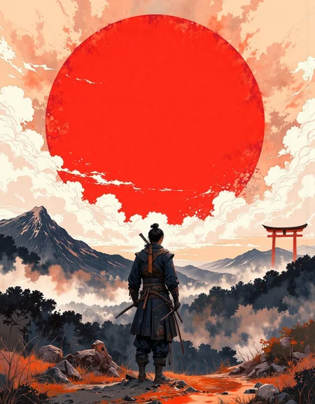 A lone samurai stands on a hill, facing a massive red sun in the background. The scene is painted in Japanese ink style, with minimalistic brush strokes, combining black, white, and red hues. Traditional Japanese elements like a torii gate and mountains surround the figure, with a surreal and dramatic atmosphere , watercolor painting, DB4RZ style painting, DB4RZ, GHIBSKY style, GHIBSKY style painting