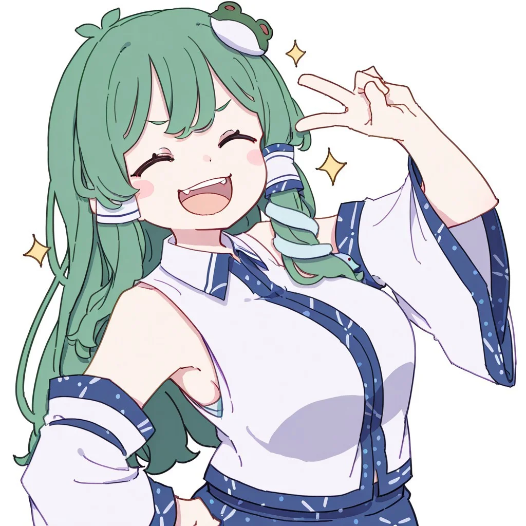 masterpiece, best quality, very aesthetic, absurdres, artist:kame \(kamepan44231\), by kame, kame_official, 1girl, kochiya sanae, :D, bare shoulders, blue skirt, blush stickers, breasts, simple background, white background, closed eyes, collared shirt, detached sleeves, frog hair ornament, green hair, hair ornament, hair tubes, hand on own hip, large breasts, long hair, long sleeves, open mouth, shirt, single hair tube, single sidelock, skirt, skirt set, sleeveless shirt, snake hair ornament, solo, sparkle, upper body, v, v-shaped eyebrows, wide sleeves, wing collar