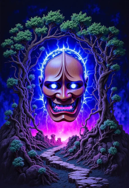 high definition digital illustration depicting a cursed wooden hannya mask radiating an eerie cyan and magenta aura displayed in a liminal bonsai garden, DB4RZ, DB4RZ style painting