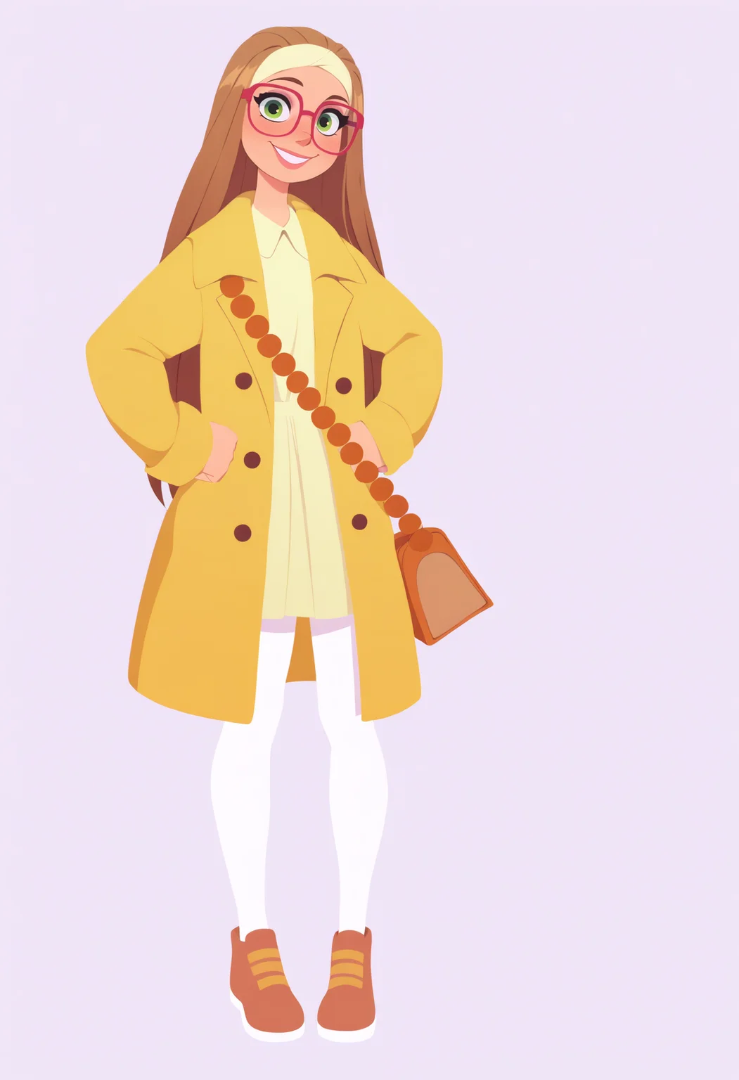 best quality, amazing quality, very aesthetic, absurdres, thick lineart,
1girl, hlcivil, green eyes, brown hair, long hair,
coat, glasses, handbag, white pantyhose, shoes,
full body, hands on hips, standing,
smile, looking at viewer, solo, simple background, white background, <lora:HoneyLemonNoobXL_byKonan:1>