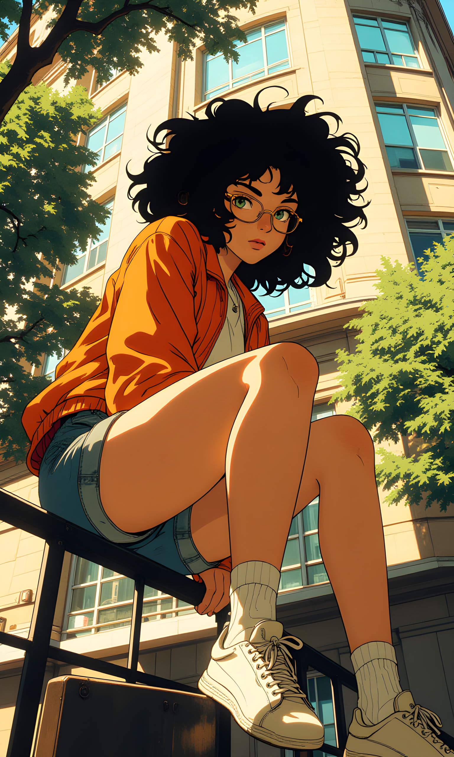 A woman with a large, voluminous messy hairstyle is the central subject, captured from a low angle that emphasizes her dynamic pose. 
The camera is positioned below her, looking up as she sits on a railing with one leg extended forward and the other bent. 
She wears an orange jacket, denim shorts, and white sneakers, with her glasses adding to her stylish appearance. 
Natural light filters through the trees above, casting soft shadows that highlight the texture of her hair and clothing. 
The light source appears to be the sun, creating a bright and airy atmosphere. 
In the background, the building's windows and tree branches frame the scene, adding depth and context to the urban setting. The composition centers on the woman, with her confident posture and vibrant outfit drawing attention. The background elements, including the building and trees, complement the overall mood of the image.
BREAK anime, d13s3lp2nk, bboil artist style, OBdonman, Anime art, <lora:FLUX\Anime Art V3:0.2>, <lora:FLUX\Synesthesia:0.2>, <lora:FLUX\RetroAnimeS1.1:0.5>, <lora:FLUX\Flux-jijia:0.1>, <lora:FLUX\It's a LoRA for portraits, BUT! actually specialized in backgrounds. v1.0:0.1>, <lora:FLUX\GLSHS:0.2>, <lora:FLUX\Dieselpunk Delight - s0_9 g4:0.4>, <lora:FLUX\OBdonman, anime0style portrait:0.1>
