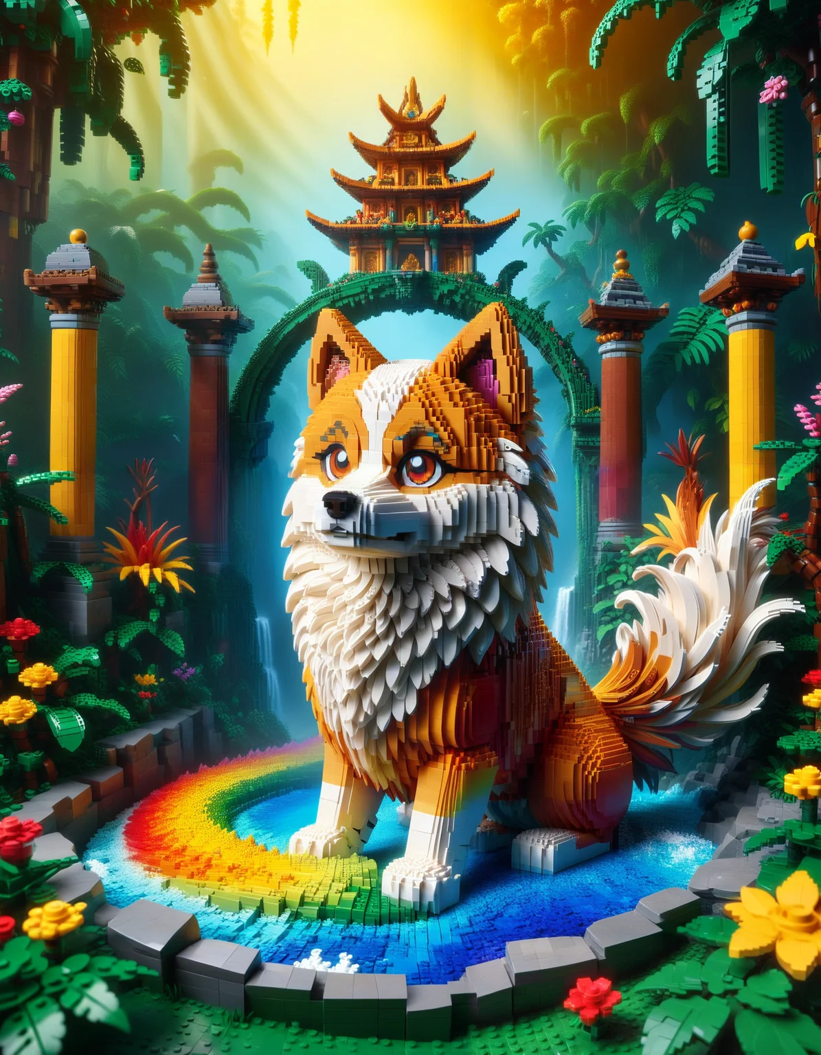 (masterpiece:1.2), (best quality:1.2), highly detailed, realistic texture, sharp details, extremely delicate and beautiful, realistic cg 8k wallpaper
expert lego set, rainbow, (everything made of lego:1.5), Cute Pomsky, a fluffy mix of Pomeranian and Husky, Ancient temple buried in the jungle, where the thick vines hide the stone structures and mythical creatures reside.
<lora:add-detail-xl:0.8> <lora:Expert_Lego_set:1>