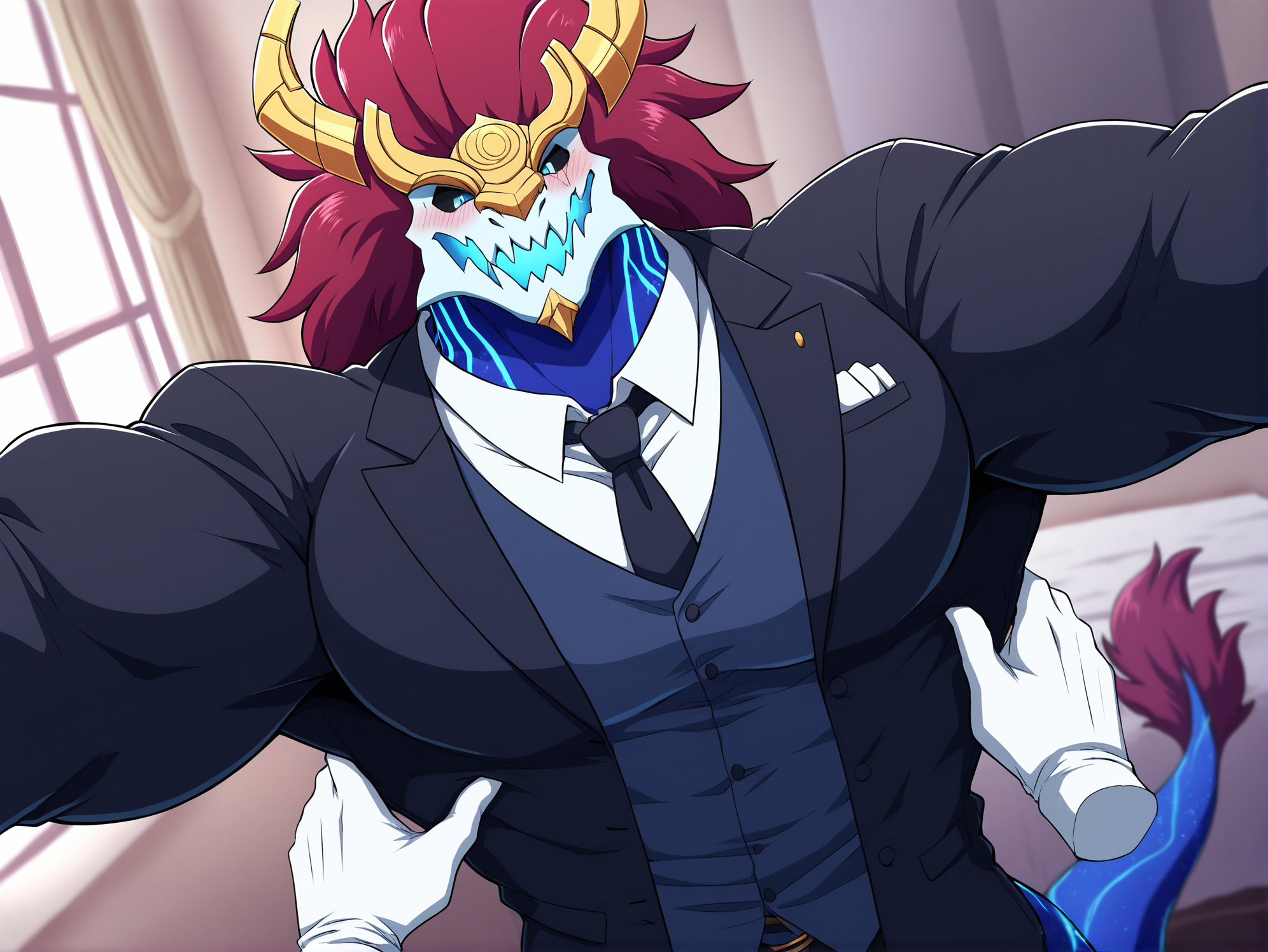 masterpiece,best quality,toraya \(doujintraya\),konya karasue,anime coloring,anime screenshot,bara,(barazoku:1.15),(muscular,big muscles,muscular male:1.1),cowboy shot,(pov,:1.1),(pov_hands:1.1),(hand on another's hip),1boy,furry male,dragon,aurelion sol,skull head,blue skin,yellow headgear,blue eyes,black sclera,(blue body markings:0.9),5 fingers,red hair,tail tuft,big muscles,<lora:aurelion sol_noob_prodigy-000040:1>,butler uniform,white_shirt under clothes,black tuxedo,necktie,white gloves,headgear,
standing,blush,surprised,bedroom,window,detailed background,aurelion sol is opening his hand helplessly,spread arms,