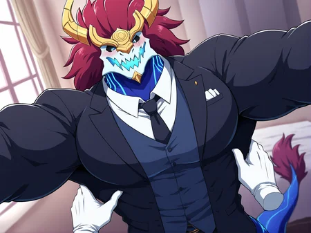 masterpiece,best quality,toraya \(doujintraya\),konya karasue,anime coloring,anime screenshot,bara,(barazoku:1.15),(muscular,big muscles,muscular male:1.1),cowboy shot,(pov,:1.1),(pov_hands:1.1),(hand on another's hip),1boy,furry male,dragon,aurelion sol,skull head,blue skin,yellow headgear,blue eyes,black sclera,(blue body markings:0.9),5 fingers,red hair,tail tuft,big muscles,<lora:aurelion sol_noob_prodigy-000040:1>,butler uniform,white_shirt under clothes,black tuxedo,necktie,white gloves,headgear,
standing,blush,surprised,bedroom,window,detailed background,aurelion sol is opening his hand helplessly,spread arms,