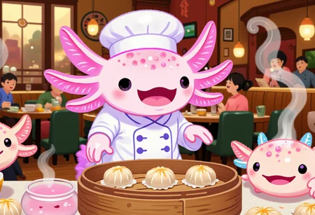 pikaole of, axolotl chef, in a dim sum restaurant, steaming dumplings, wearing a traditional Chinese chef's outfit, busy and bustling atmosphere, the axolotls have pink frilly gills and round black eyes