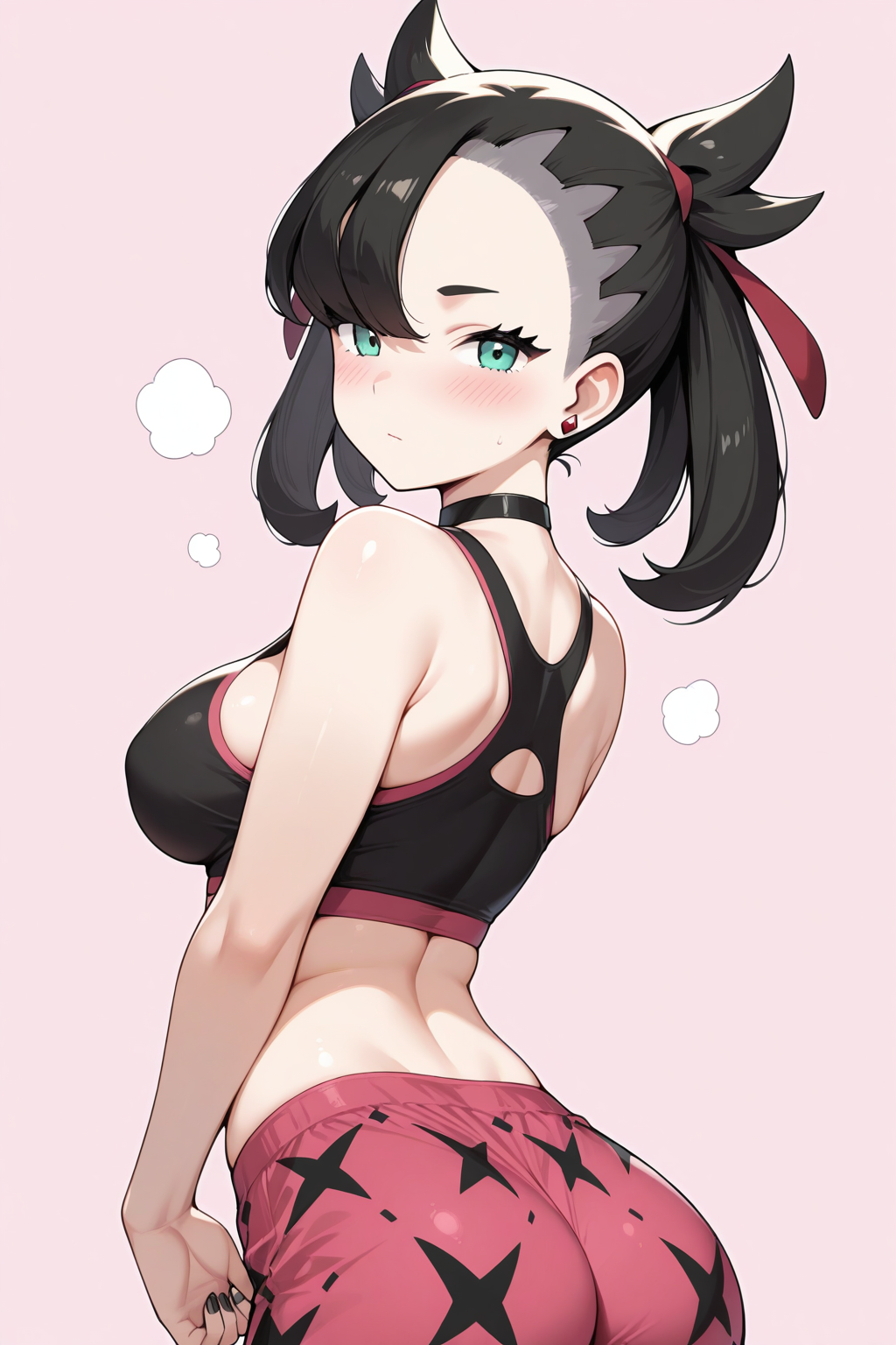 1girl, marnie \(pokemon\), ass, asymmetrical bangs, back, black choker, black hair, black nails, black sports bra, blush, breasts, choker, closed mouth, earrings, green eyes, hair ribbon, jewelry, large breasts, looking at viewer, pink shorts, ribbon, shorts, solo, sports bra, sportswear, twintails, masterpiece, best quality, absurdres