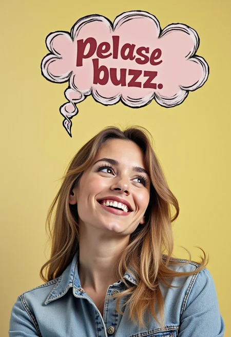 woman say on speech bubble "please buzz "