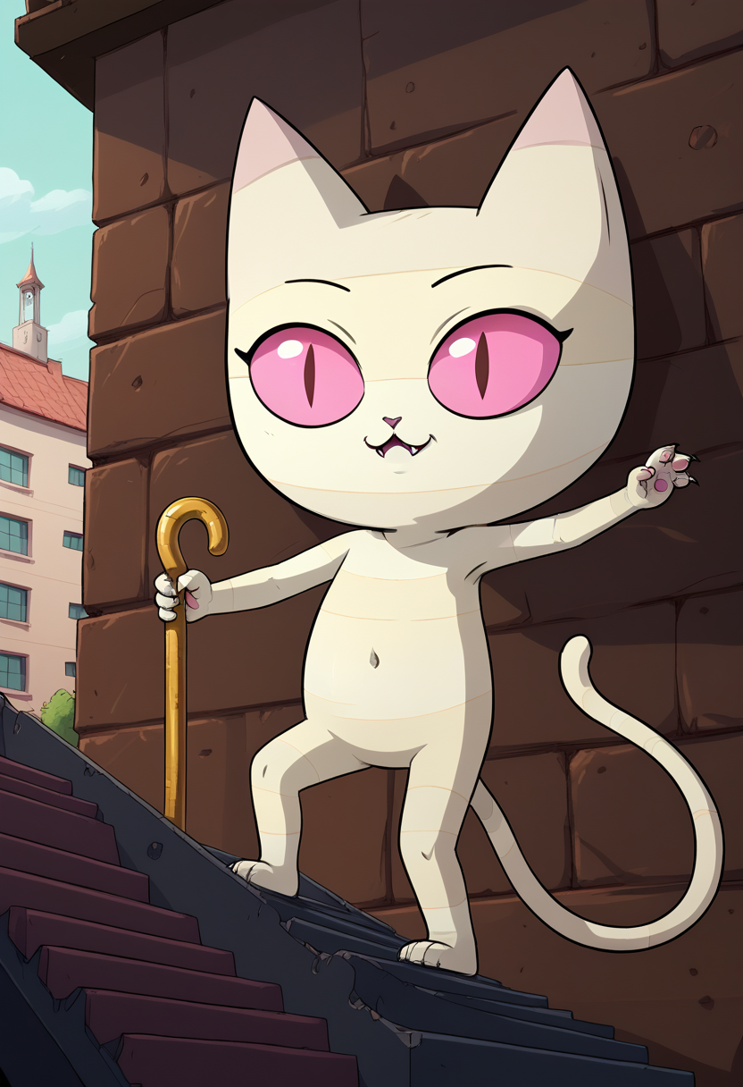 score_9, score_8_up, score_8,    <lora:Me-Mow_Adventure_Time_for_PonyXL:0.8> 1girl, cat girl, mem0w, wrappings, young, short, tail, pink eyes, climbing building
