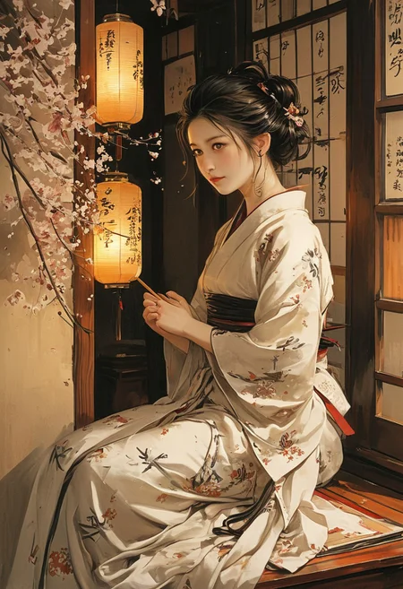 Japanese ink painting, sumi-e style, by Hiroshi Yoshida – A graceful geisha sits elegantly on a tatami mat inside a dimly lit ancient Japanese izakaya, her delicate fingers plucking the strings of a shamisen with practiced precision. Her silk kimono, adorned with intricate cherry blossom patterns, drapes around her as soft ink strokes capture the fluidity of the fabric. A gentle smile graces her lips, and her dark, expressive eyes are partially hidden beneath the shadow of her ornate kanzashi hairpins, shimmering faintly in the lantern-lit ambiance. The bar’s wooden beams and hanging paper lanterns cast long, atmospheric shadows, their soft glow illuminating the calligraphy-adorned noren curtains in the background. The air seems to hum with the resonance of the shamisen’s melancholic tune, carrying echoes of old tales and lost romances. A lone sake cup sits beside her on a low lacquered table, reflecting the warm golden hues of the lanterns. The entire composition exudes a sense of nostalgic beauty and fleeting tranquility, each brushstroke harmonizing with the melody that lingers in the quiet of the night. Niji, aidma-niji.