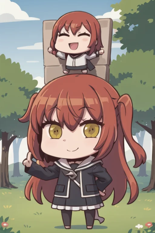 1girl,red hair yellow eyes, chibi, (middle finger:1.2), looking at viewer, + +,smile, full body, <lora:kita_locon_v1a:0.7>, <lora:fgo_aprilfool_v2:0.9>