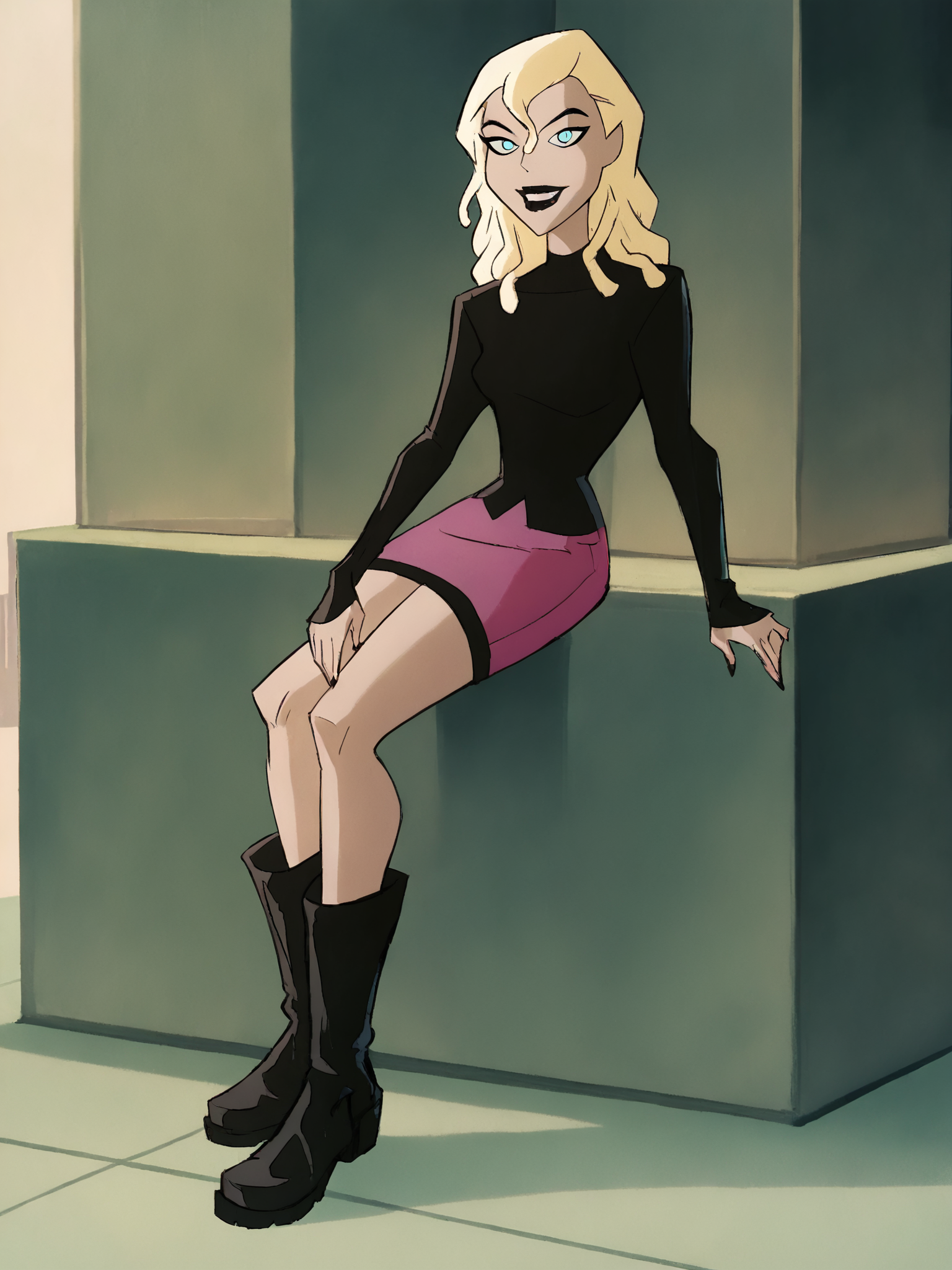 <lora:MelanieWalkerPony1.0:1> melaniew, blonde hair, 1girl, solo, long hair, black lipstick, pink skirt, black shirt, long sleeves,pink skirt,black boots,looking at viewer, smile,  score_9, score_8_up, score_7_up, score_6_up, score_5_up, score_4_up