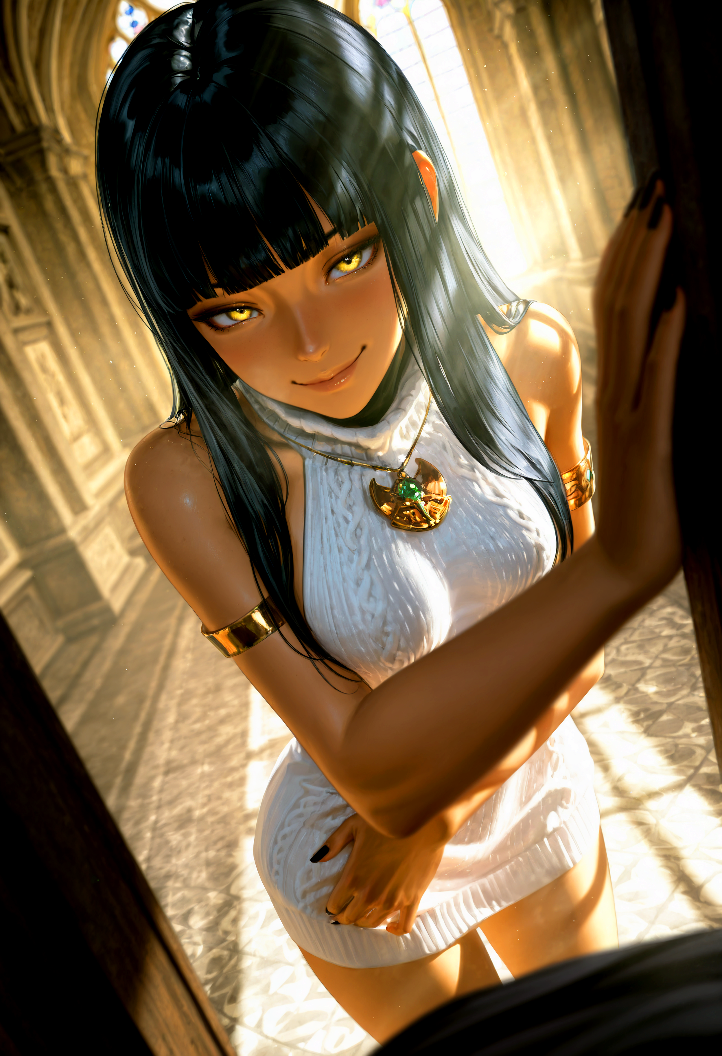 HDR, 8K, high contrast, masterpiece, best quality, amazing quality, very aesthetic, superabsurd res, high resolution, ultra-detailed, absurdres, newest, scenery, (horikoshi kouhei:0.3), (quasarcake:0.3), (wlop:0.3), light rays, chiaroscuro, dynamic angle, (close up), mm_nefari, dark-skinned female, yellow eyes, black hair, long hair, blunt bangs, hime cut, small breasts, short dress, dress, virgin killer sweater, turtleneck, bare shoulders, sleeveless, jewelry, armlet, necklace, black nail polish, long nails, flustered, confidence, smirk, smile, seductive eyes, seductive smile, in heat, half closed eyes, looking at viewer, inside, church, chapel, fog, Intricately designed, Mysterious Shadows, BREAK, photorealistic, beautiful detailed eyes, detailed skin, detailed hair, volumetric lighting, dappled light, light particles, dramatic shadows, cinematic lighting, photo background, depth of field, <lora:ponyxl\cfg_scale_boost:0.8> <lora:IL\KMS_MM_Nefari_v02_IL-000007:0.8>