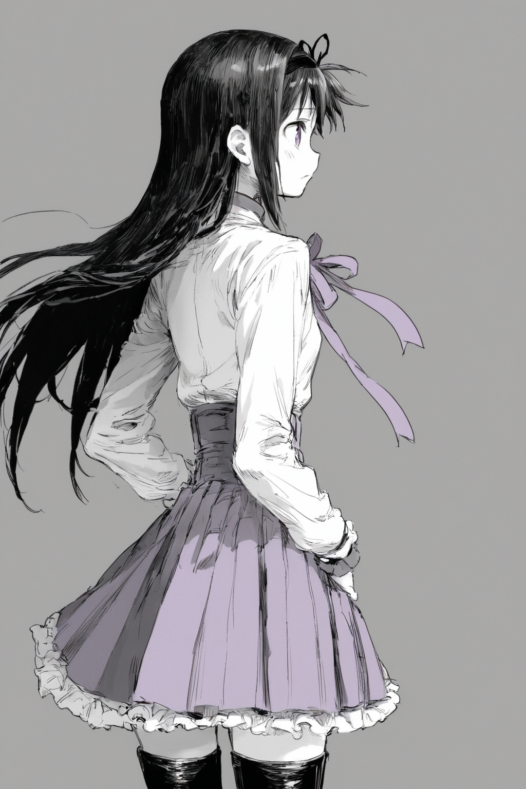 score_9, score_8_up, score_7_up, rating_explicit, rating_questionable, mahou shoujo madoka magica, akemi homura, akemi homura \(magical girl\), back bow, black footwear, black hair, black hairband, boots, bow, frilled skirt, frills, hairband, long hair, long sleeves, neck ribbon, pleated skirt, purple eyes, purple ribbon, purple skirt, ribbon, shirt, skirt, thigh boots, white shirt, solo, solo focus, cowboy shot, , Hands on the waist, looking to the side, <lora:godiva_grey:1>, monochrome, greyscale