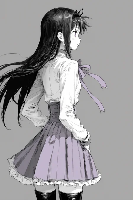 score_9, score_8_up, score_7_up, rating_explicit, rating_questionable, mahou shoujo madoka magica, akemi homura, akemi homura \(magical girl\), back bow, black footwear, black hair, black hairband, boots, bow, frilled skirt, frills, hairband, long hair, long sleeves, neck ribbon, pleated skirt, purple eyes, purple ribbon, purple skirt, ribbon, shirt, skirt, thigh boots, white shirt, solo, solo focus, cowboy shot, , Hands on the waist, looking to the side, <lora:godiva_grey:1>, monochrome, greyscale
