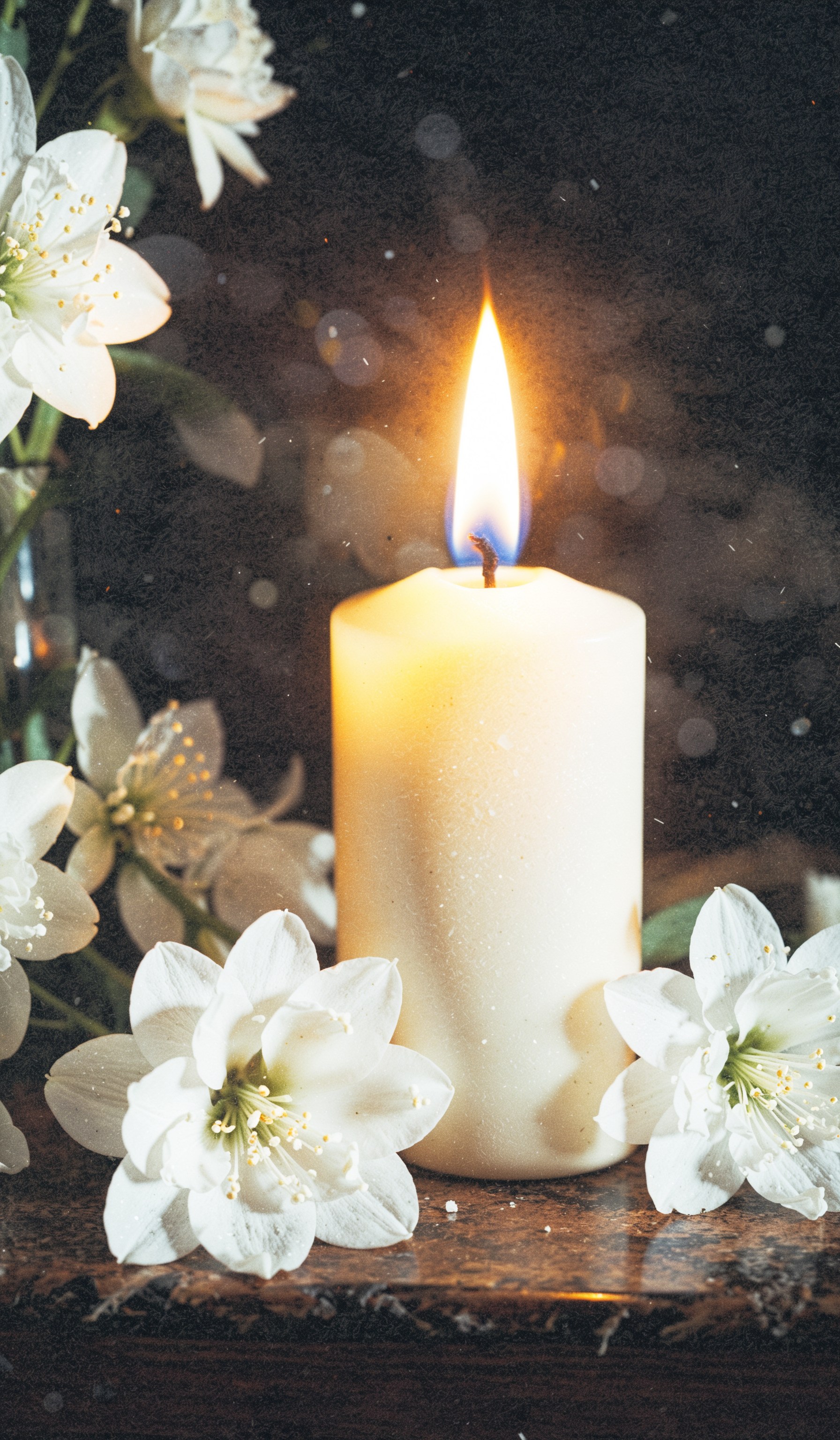 burning candlelight and white flowers tribute condolence memorial service announcement. with space for text an obituary, list of dead. Funeral concept, macro, closeup, selective focus. Dramatic unusual scene. Beauty world. Retro filter and vintage style. Instagram toning effect, breathtaking photograph, lensflare and bokeh effects, heavy film grain, shot on kodachrome with post-processing artifacts, reflecting particle effects, slight double exposure