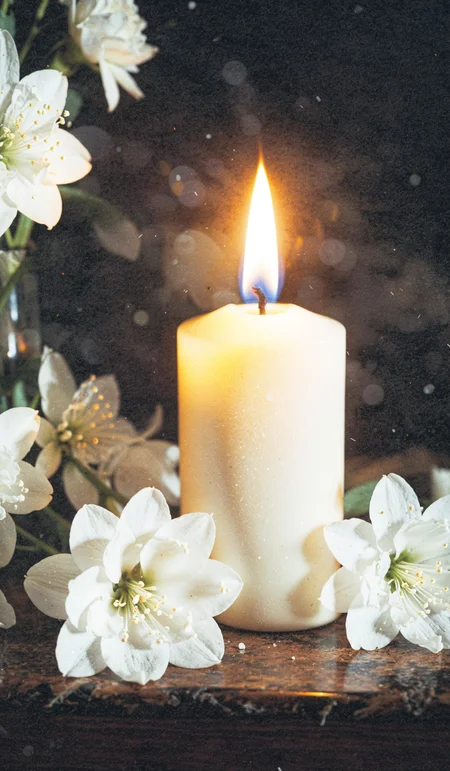 burning candlelight and white flowers tribute condolence memorial service announcement. with space for text an obituary, list of dead. Funeral concept, macro, closeup, selective focus. Dramatic unusual scene. Beauty world. Retro filter and vintage style. Instagram toning effect, breathtaking photograph, lensflare and bokeh effects, heavy film grain, shot on kodachrome with post-processing artifacts, reflecting particle effects, slight double exposure