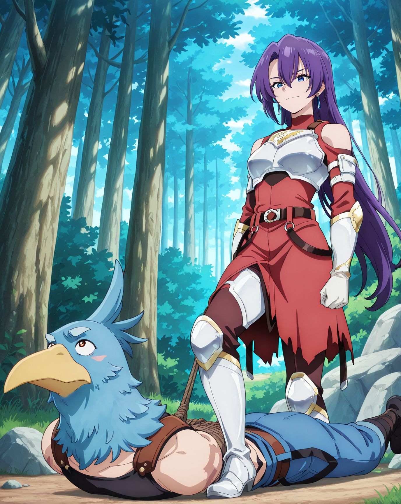 masterpiece, best quality, newest, absurdres, highres, detailed eyes, beautiful, detailed background, perfect eyes, anime coloring, anime screencap,
<lora:Stepping_on:0.8>Stepping_onV1,
Stepping on body,1girl,1boy,
femdom,gag,bdsm,hetero,
stepping on, (stepping on body),
outdoors, forest, rock,grass, 
<lora:PencilgonV20IllustriousXL:0.8>arthur pencilgon, purple hair,gloves, belt, armor, clothing cutout, breastplate, bare shoulders, earrings,red dress,
Shangri-La Frontier,official art, 
sunraku,bird head male,