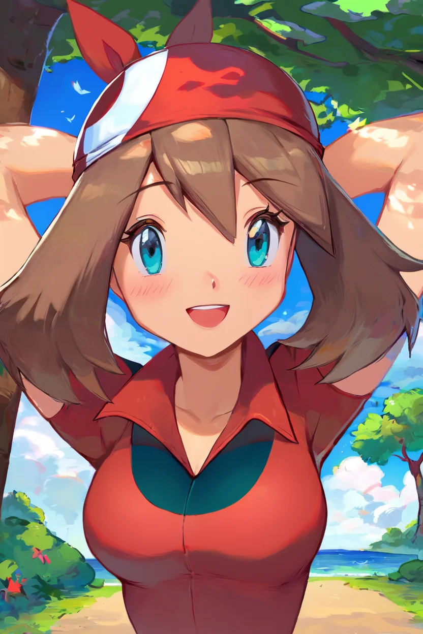 score_9, score_8_up, score_8, medium breasts, (curvy), cute, eyelashes, zzMay, breasts, looking at viewer, blush, open mouth, bangs, shirt, upper body, short sleeves, outdoors, sky, day, collared shirt, cloud, smile, arms up, tree, eyelashes, red shirt, arms behind head, bandana, bush, official style, red bandana, <lora:MayP2:0.7>, embedding:zPDXL,