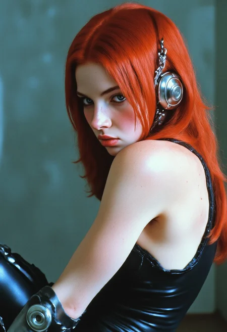 ArsMovieStill, film-grain, movie still from a 1990s indie movie, Close-up portrait of a melancholic cyborg girl, porcelain skin with freckles, metallic orange-red long glowing hair, dark dramatic eye makeup, alt girl/punk style cyborg face, chain adornments on forehead and ear, robotic body, segmented with circular joints, soft lighting, dark greenish-gray background, cyberpunk, biomechanical, vulnerable, futuristic, gritty, neon-lit slight overexposure