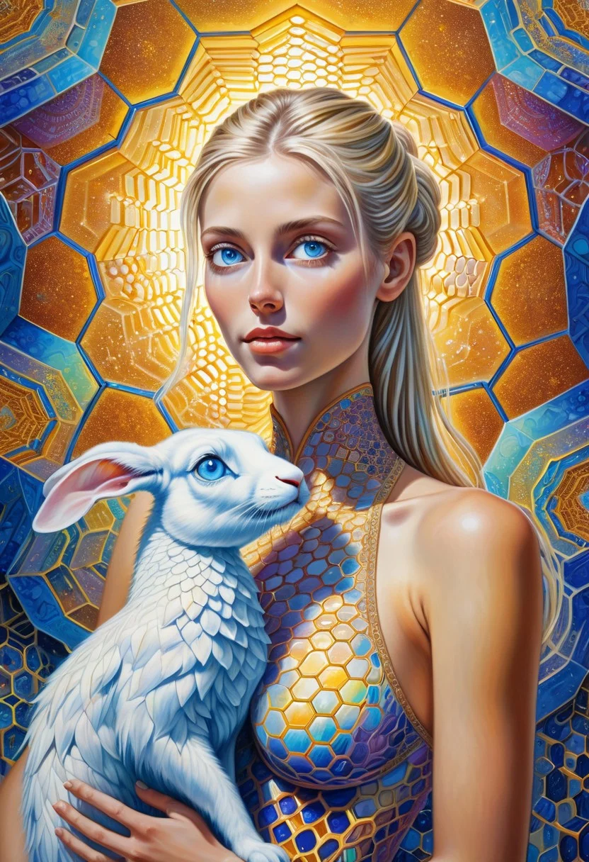 ((alex gray psychedelic painting.)) A stunning woman with blonde hair (featuring various hairstyles such as short, long, ponytail, or braided) and captivating blue eyes, large breasts, low cut halter top, stands gracefully, holding a white rabbit in her arms and gently petting it. She is in a surreal landscape of towering honeycombs, their intricate hexagonal patterns glowing with warm, golden hues. The honeycombs stretch upward like fantastical structures, their surfaces shimmering with iridescent nectar that reflects light in mesmerizing ways. The woman gazes upward in awe, her serene expression harmonizing with the magical surroundings. The entire scene is depicted in a highly detailed, psychedelic style, reminiscent of Alex Grey’s art, with intricate patterns weaving through the honeycomb environment and softly radiating from her form. The blend of radiant honeycombs, the white rabbit, and her calm presence creates a dreamlike atmosphere of wonder and beauty.
realna
no bra, covered nipples