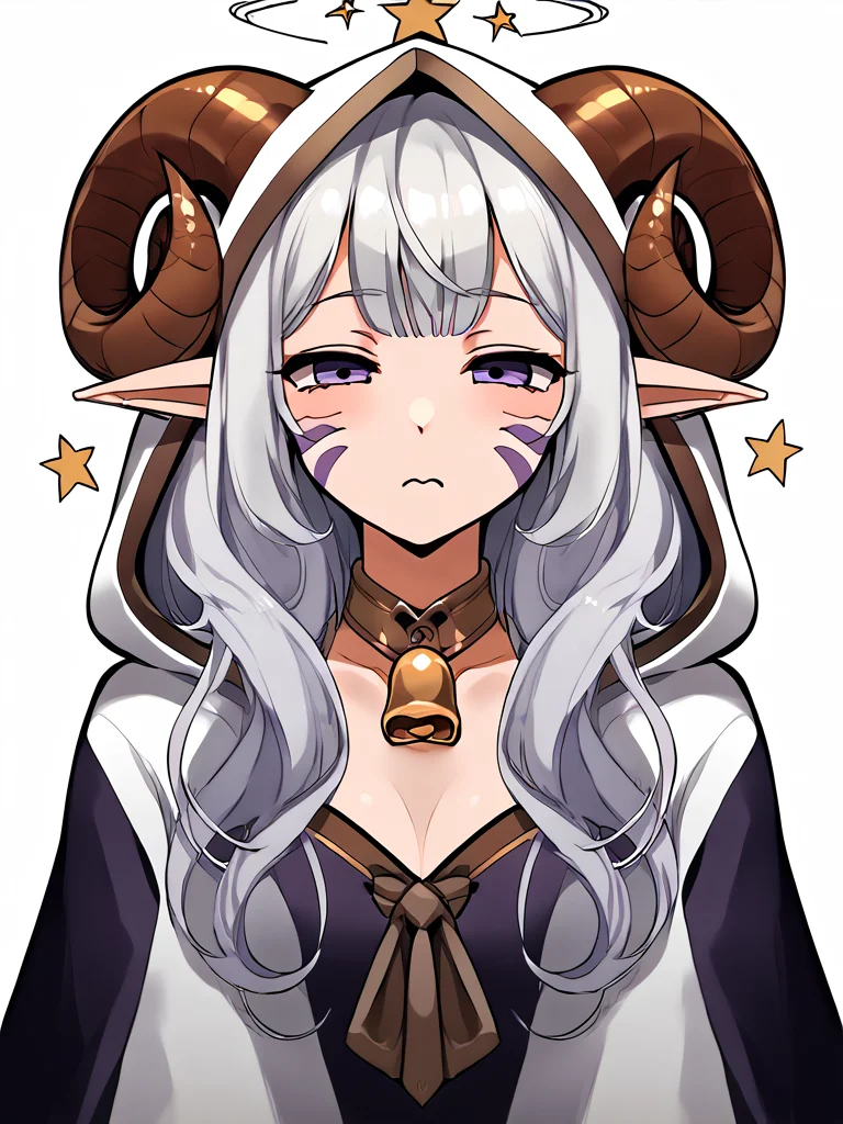 <lora:seeing_stars:1> @ @, seeing_stars:1.5, sitting, confused:1.3, half-closed eyes, source_anime, source_furry, score_7_up, rating_safe, portrait, gold necklace, tiefing, short pointed ears, brown horns, (a pair of brown sheep Horns that begin at her temples and curve back: 1.5), bangs, long silver hair long wavy hair, pale skin, <lora:whisker_markings:0.8> whisker_markings pointy ears, purple eyes, <lora:age_slider_v4:0.6> medium breasts, skinny female, silver hair, <lora:Tieflingnew weird fantasyDND:0.3> Tiefling, pointed ears, horns, <lora:Smooth Style 2 SDXL_LoRA_Pony Diffusion V6 XL:0.5> bell, robe, hood off, <lora:Nanoless_Artist_Style_PonyXL:0.3> focus on head, >:,