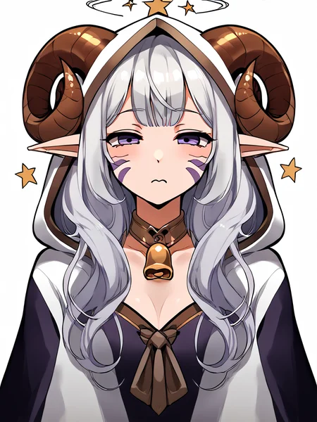 <lora:seeing_stars:1> @ @, seeing_stars:1.5, sitting, confused:1.3, half-closed eyes, source_anime, source_furry, score_7_up, rating_safe, portrait, gold necklace, tiefing, short pointed ears, brown horns, (a pair of brown sheep Horns that begin at her temples and curve back: 1.5), bangs, long silver hair long wavy hair, pale skin, <lora:whisker_markings:0.8> whisker_markings pointy ears, purple eyes, <lora:age_slider_v4:0.6> medium breasts, skinny female, silver hair, <lora:Tieflingnew weird fantasyDND:0.3> Tiefling, pointed ears, horns, <lora:Smooth Style 2 SDXL_LoRA_Pony Diffusion V6 XL:0.5> bell, robe, hood off, <lora:Nanoless_Artist_Style_PonyXL:0.3> focus on head, >:,