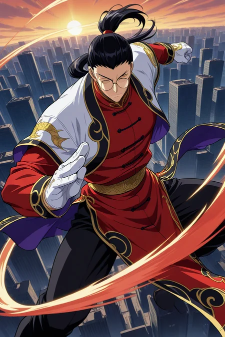 1boy, solo, rwongpsytkt, black hair, ponytail, closed eyes, glasses, round eyewear, open jacket, red chinese clothes, long sleeves, white gloves, belt, black pants, sky, flying, cityscape, dynamic pose, fighting stance, serious
