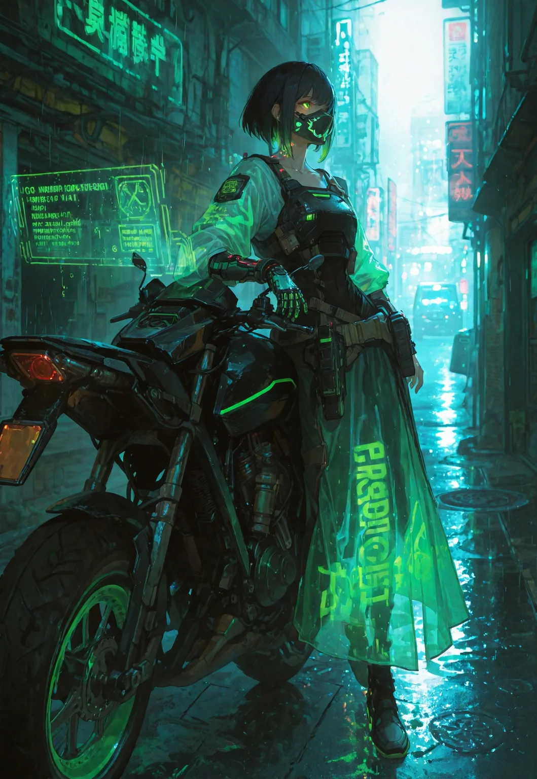 ral-hlgrphic, usnr, gbf_style, 748cmstyle, (safe_pos, fine texture, masterpiece, ultra-detailed, very awa, best quality, very aesthetic, absurdres, newest, natural lighting, scenery, portrait photo, cinematic composition), BREAK,
1girl, solo, rugged appearance, short dark hair, glowing green highlights, cybernetic eye glowing bright green, sharp facial features, defined cheekbones, collarbone, light scars on face, toned body, athletic build, BREAK,
holographic fabric, (tattered long coat), neon green trim, fitted black tactical armor, glowing green accents, high-tech face mask hanging loosely around her neck, one cybernetic mechanical arm, wrist-mounted holographic interface on one arm, futuristic utility belt, BREAK,
dynamic angle, close-up shot, face focus, dynamic pose, leaning back on a futuristic cyberpunk motorbike, gazing forward, focused expression, BREAK,
outdoors, standing on a rain-slick cyberpunk street, illuminated by vibrant neon signs and holographic advertisements, (rain falling), reflective puddles, futuristic urban background, glowing mist from manholes, detailed background, cinematic atmosphere, BREAK.