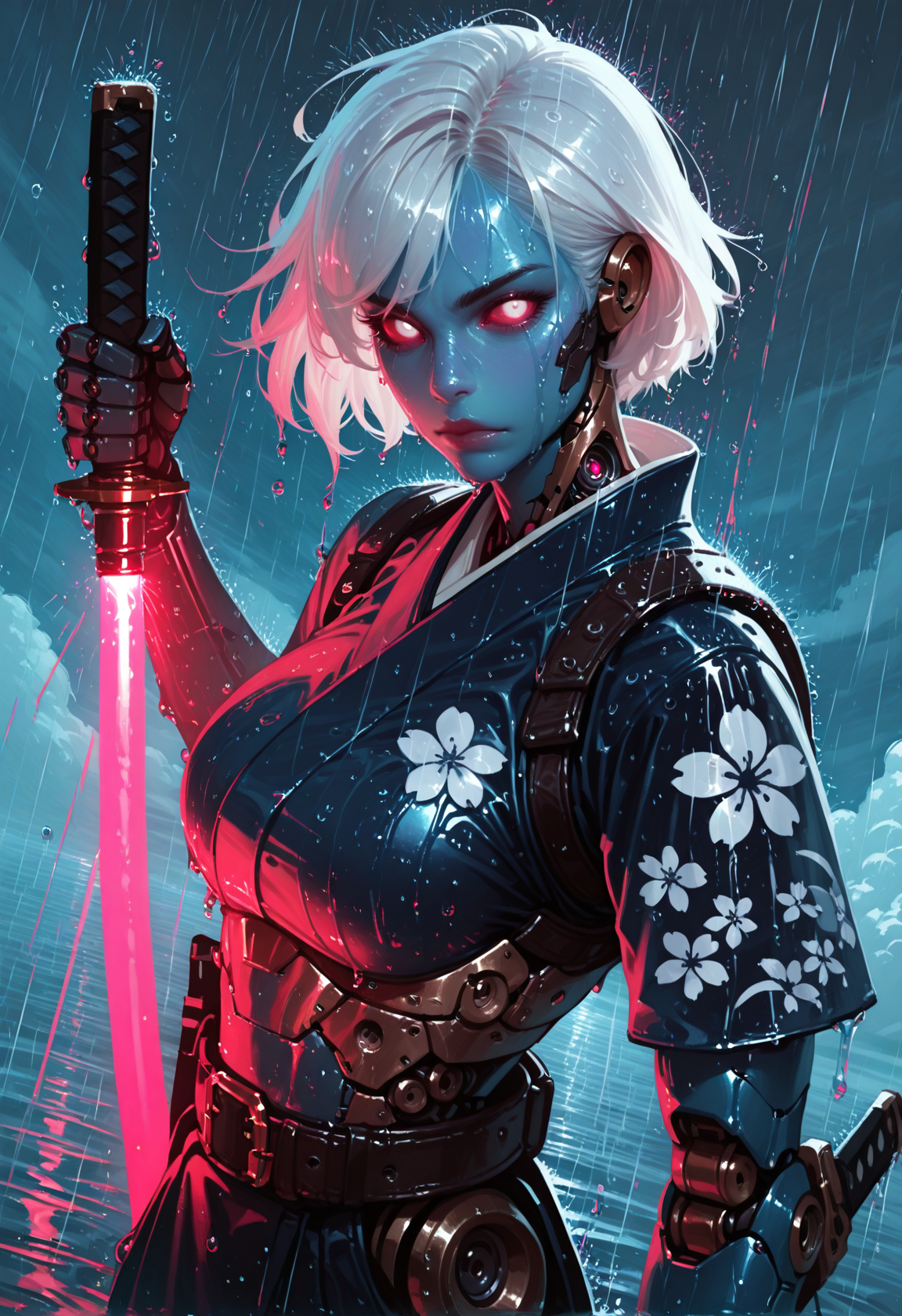 1girl, solo, weapon, sword, rain, energy sword, glowing, cyborg, glowing eyes, lightsaber, white hair, science fiction, colored skin, wet, looking at viewer, holding, upper body, pink eyes, closed mouth, belt, holding weapon, outdoors, red eyes, lips, robot, water, holding sword, short hair, sky, white eyes, colored sclera, armor, blue skin, japanese clothes, floral print, cloud, katana, masterwork, masterpiece, best quality, dynamic lighting , dynamic pose,,  dynamic angle, , , (realistic:1.2), (lineless:1.2), detailed, <lora:Detailer_NoobAI_Incrs_v1:1>, , aged up, adult,