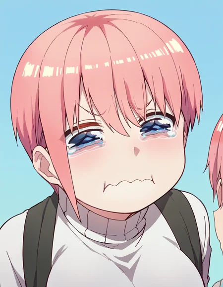 score_9, score_8_up, score_7_up, source_anime, <lora:ichika-nakano-s2-ponyxl-lora-nochekaiser:1>, ichika nakano, short hair, bangs, blue eyes, hair between eyes, pink hair, pixie cut, mature female, large breasts, <lora:aqua-about-to-cry-ponyxl-lora-nochekaiser:1> crying aqua, crying aqua (meme), crying, tearing up, tears, wavy mouth,, ,