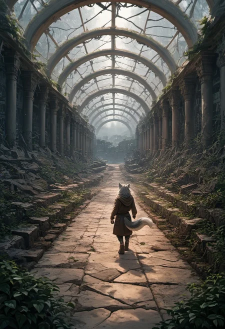 score_9, score_8_up, score_7_up,  fullbody, 1girl, furry, anthro, gray fur, wolf tail, wolf, solo, fullbody, backview, looking arround in wonder, masterpiece, best quality, very aesthetic, close up, gray hair, gray twin braids, green eyes, standing in the ruins of botanic garden with glass ceiling, overgrown, broken glas, snow patches ray of light, dark sky, low light, white snow, (postapocalyptic city), d, dark, worried, concerne, ragged winter clothes